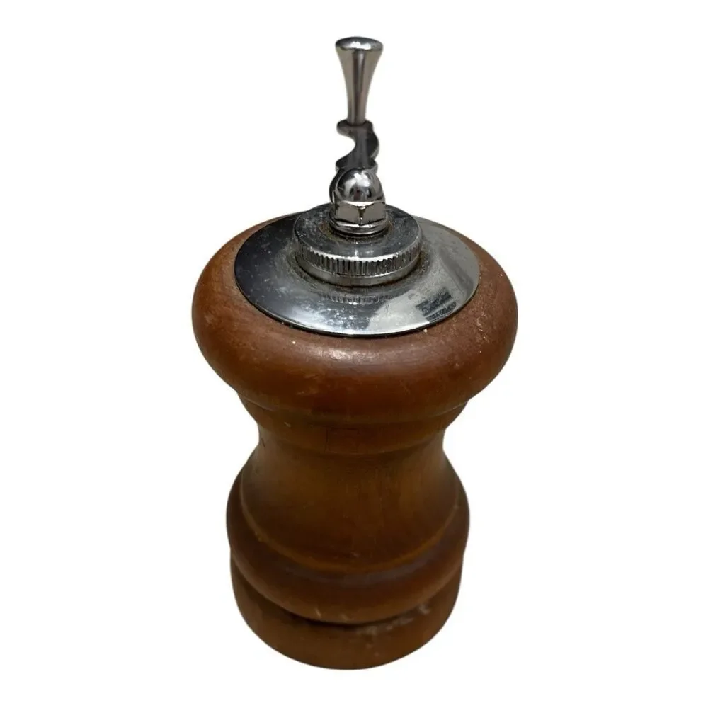 Vintage Small Wooden Pepper Mill with Silver Accents MCM
